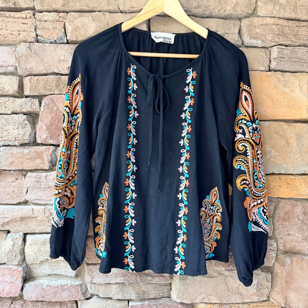 Savanna Jane Women Medium Blouse Black Embroidered Linen Blend Tie Neck Boho Top